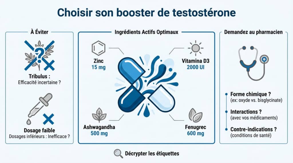 Infographie comparant les ingrédients optimaux et ceux à éviter pour un booster de testostérone en pharmacie.
