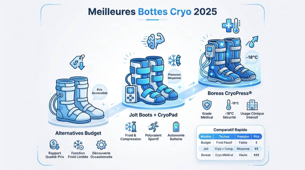 Infographie comparant trois types de bottes de cryothérapie : modèles budget, Jolt Boots et Boreas CryoPress.