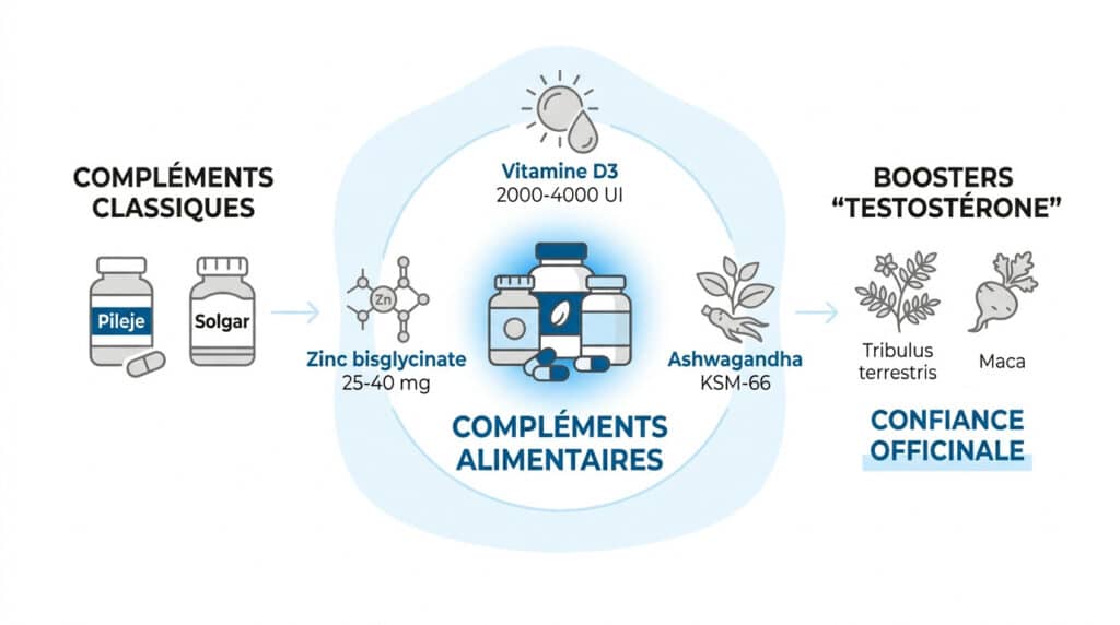 Schéma illustrant les compléments alimentaires pour booster la testostérone : vitamines, zinc, ashwagandha et plantes.