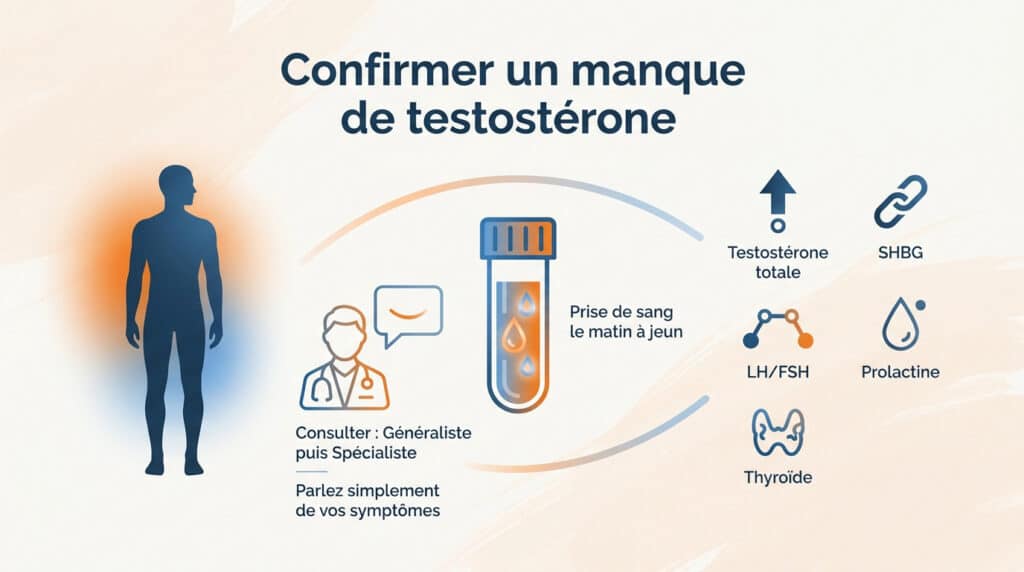 Infographie sur le diagnostic du manque de testostérone via prise de sang et consultation médicale.