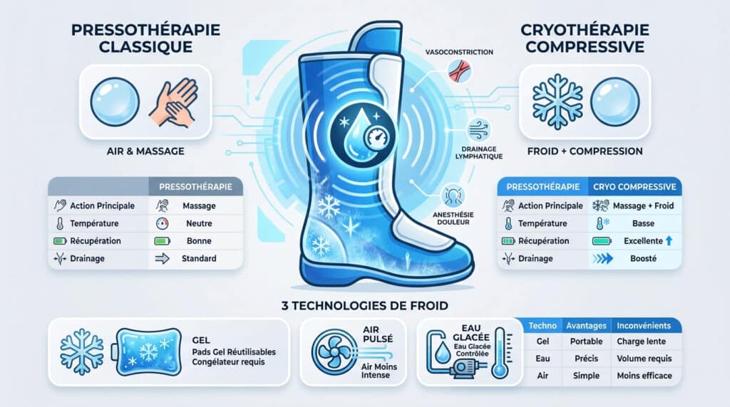 Infographie comparant la pressothérapie classique et la cryothérapie compressive avec une botte de récupération illustrée.