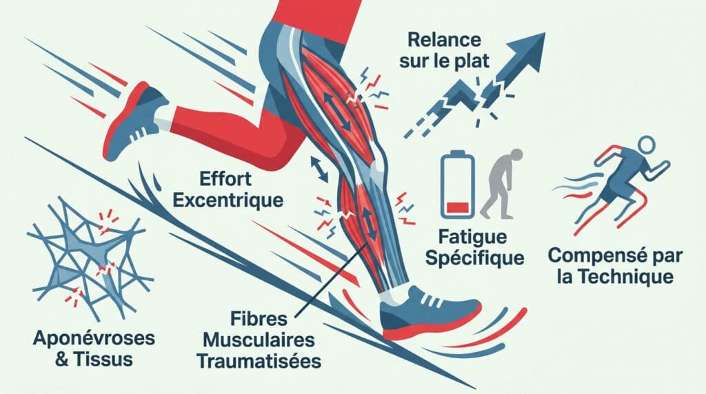 Illustration anatomique montrant les contraintes musculaires et tissulaires d'un coureur en descente.