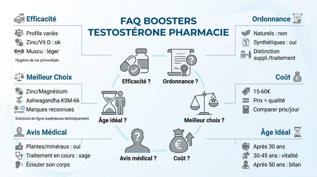 Infographie résumant les questions fréquentes sur les boosters de testostérone vendus en pharmacie.
