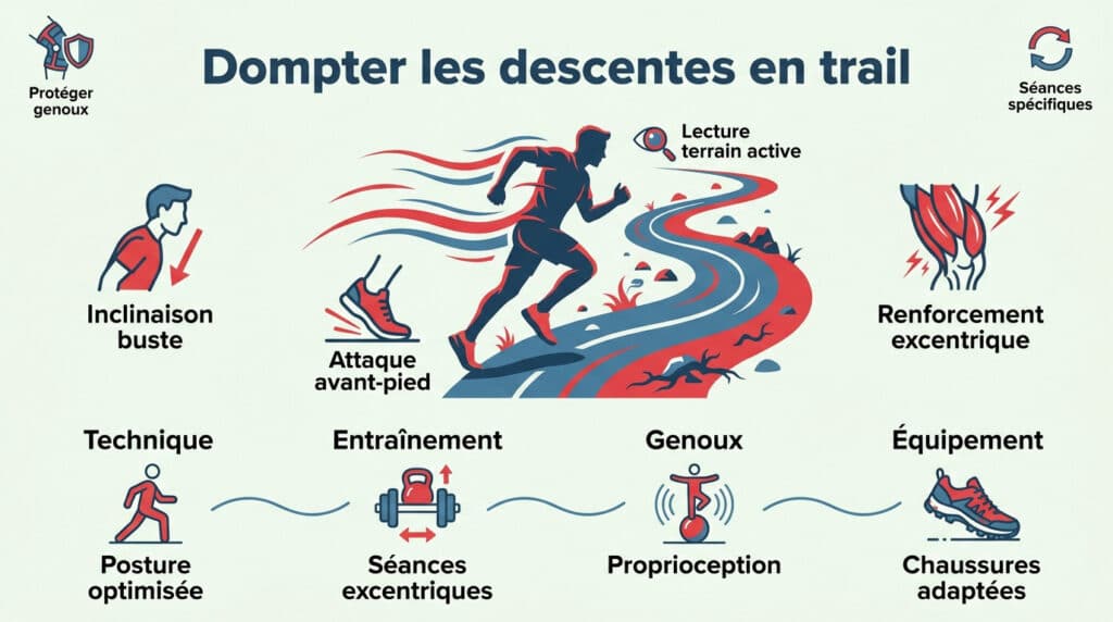 Infographie illustrant les techniques et conseils pour courir en descente lors d'un trail sans se blesser.