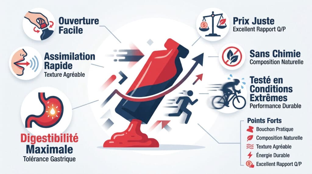 Infographie détaillant les avantages du gel énergétique Mulebar : digestion, composition naturelle et performance sportive.