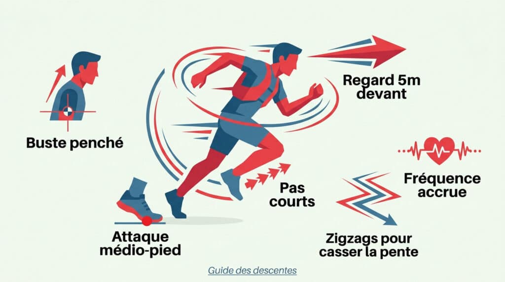 Illustration montrant les 5 points clés de la posture pour courir en descente lors d'un trail.