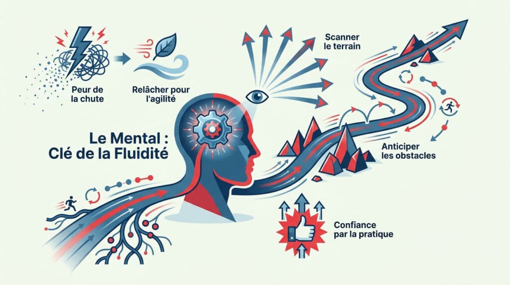 Infographie illustrant le rôle du mental dans la technique de descente en trail, avec un cerveau en forme de sentier.