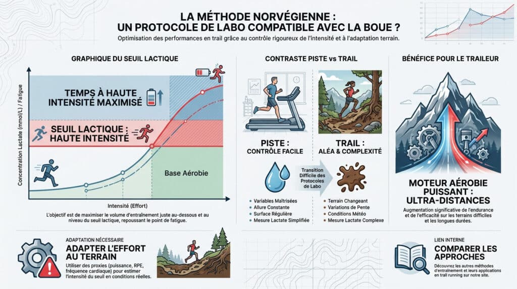 Infographie sur la méthode norvégienne en trail, expliquant le seuil lactique, piste vs trail et les bénéfices.