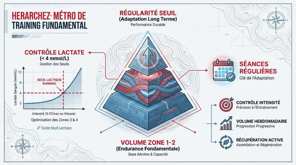 Infographie détaillée sur la méthode norvégienne de l'entraînement fondamental en trail, incluant une pyramide, un graphique de lactate et des principes clés.