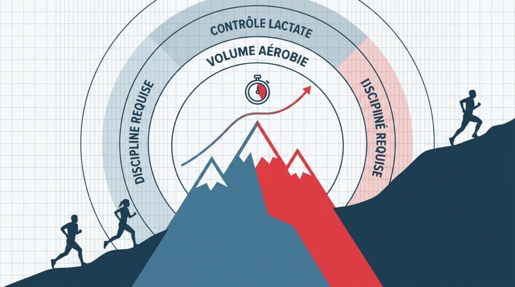 Infographie sur la méthode norvégienne en trail avec coureurs, montagnes et un diagramme montrant volume aérobie, contrôle lactate et discipline requise.