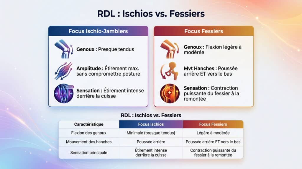 Infographie comparant les variations du Soulevé de Terre Roumain (RDL) pour cibler les ischio-jambiers ou les fessiers.