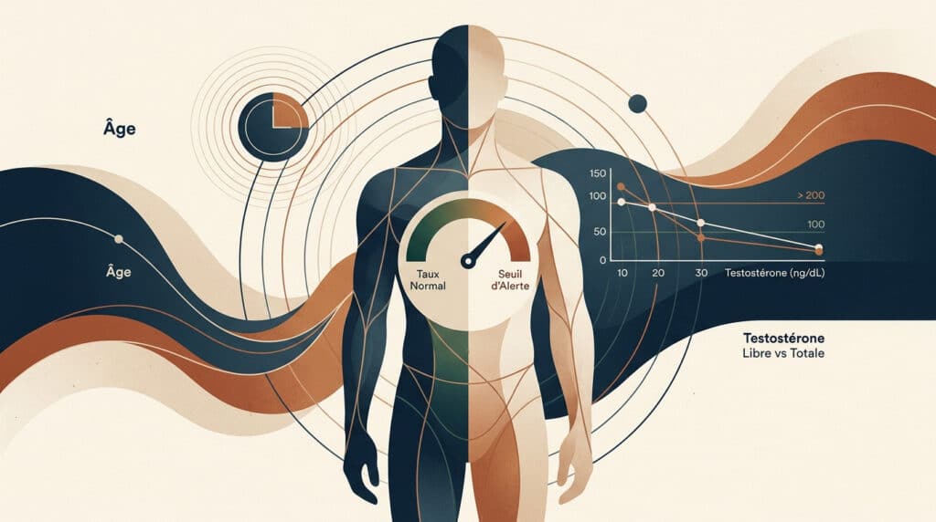 Illustration stylisée d'une silhouette masculine avec des graphiques montrant le déclin de la testostérone avec l'âge.