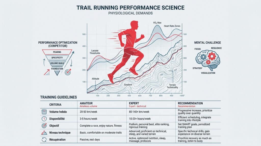Infographie détaillant la science de la performance en trail : facteurs physiologiques, optimisation, aspects mentaux et directives d'entraînement.