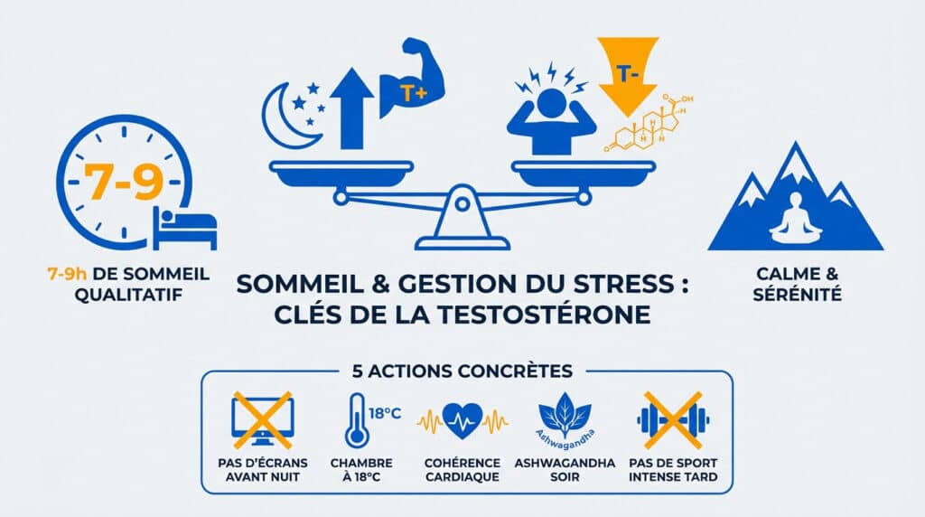 Infographie sur les clés naturelles pour booster la testostérone via le sommeil, le stress et 5 actions concrètes.