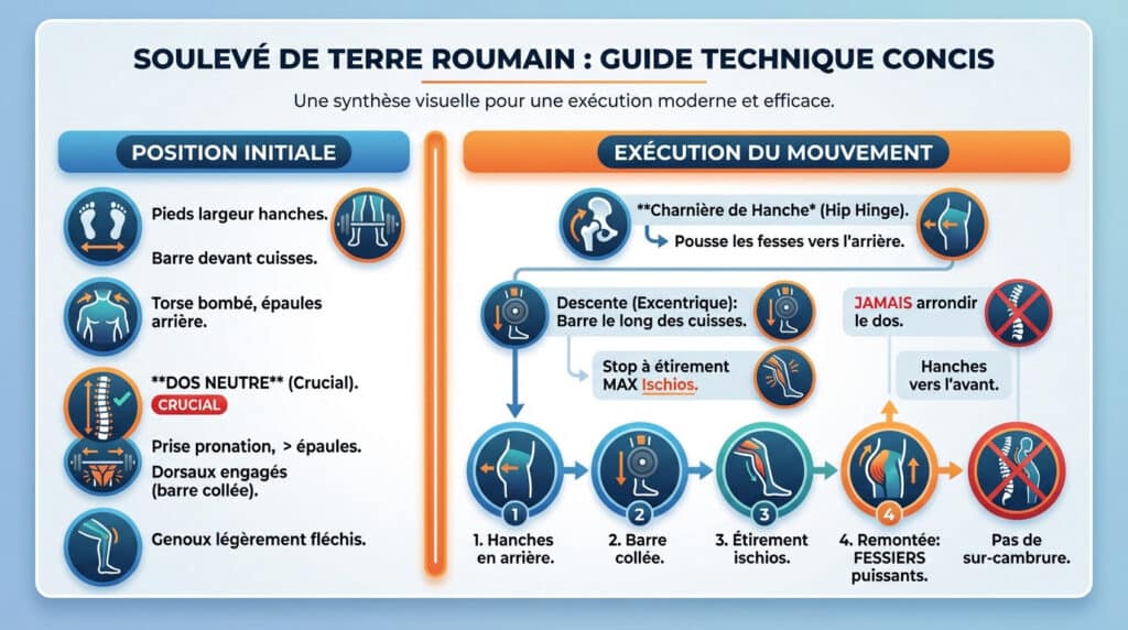 Infographie détaillée sur la technique correcte du Soulevé de Terre Roumain (RDL), avec position initiale et exécution du mouvement.