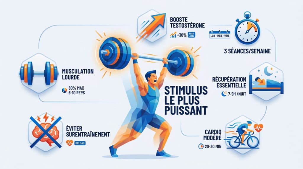 Infographie illustrant les méthodes naturelles pour augmenter la testostérone via le sport et la récupération.