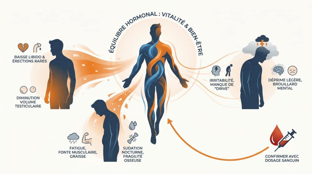 Infographie illustrant les symptômes physiques et psychologiques d'un déficit en testostérone chez l'homme.