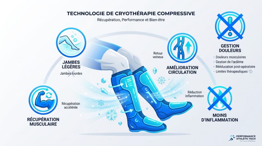 Infographie illustrant les bienfaits des bottes de cryothérapie sur la récupération, la circulation et la douleur.