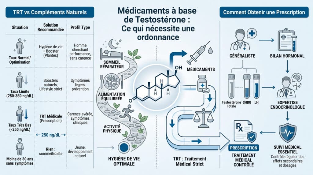 Infographie expliquant les solutions pour la testostérone, entre hygiène de vie, compléments naturels et traitement médical.