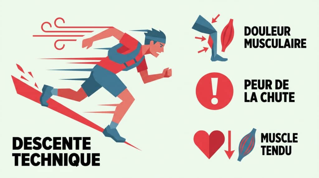 Illustration montrant un coureur en descente rapide avec les risques associés : douleur, peur et tension musculaire.