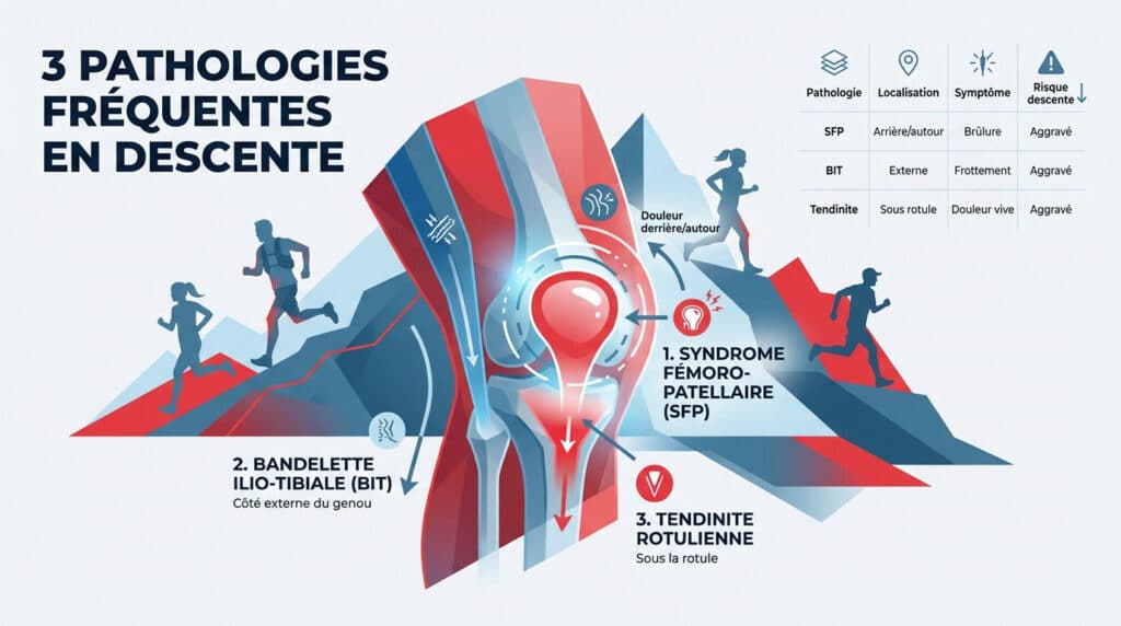 Illustration médicale montrant 3 douleurs au genou en trail : syndrome fémoro-patellaire, syndrome de l'essuie-glace et tendinite.