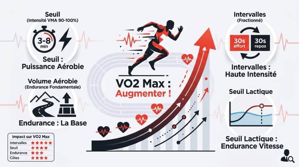 Infographie illustrant les méthodes d'entraînement pour augmenter son VO2 Max : endurance, seuil, intervalles et côtes.