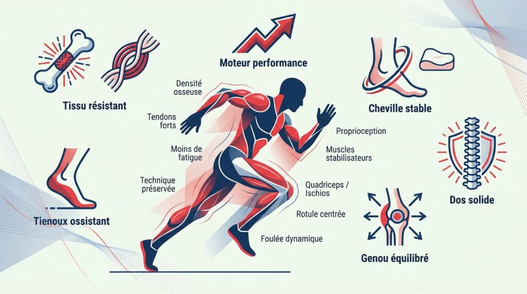 Infographie illustrant les bienfaits physiques pour éviter les blessures chez le coureur, avec un coureur au centre.