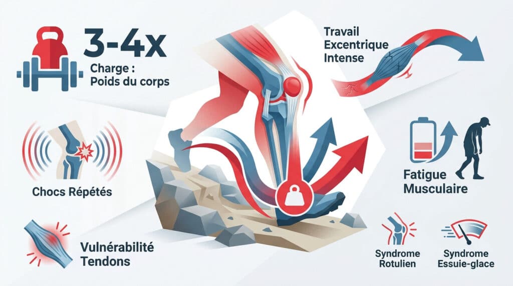 Infographie montrant les causes des douleurs au genou lors de la pratique du trail, comme les chocs et la fatigue.