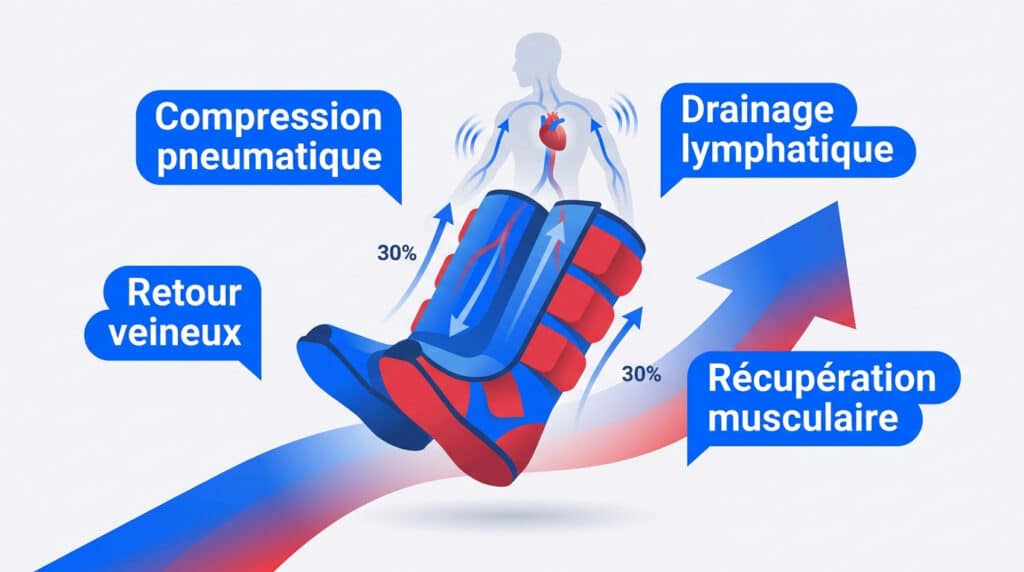 Schéma médical illustrant l'utilisation de bottes de compression pour la circulation sanguine et la récupération.