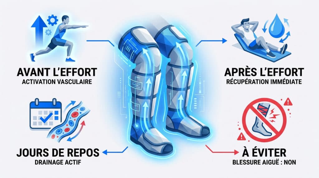 Infographie montrant l'utilisation de bottes de compression avant, pendant et après l'effort sportif.
