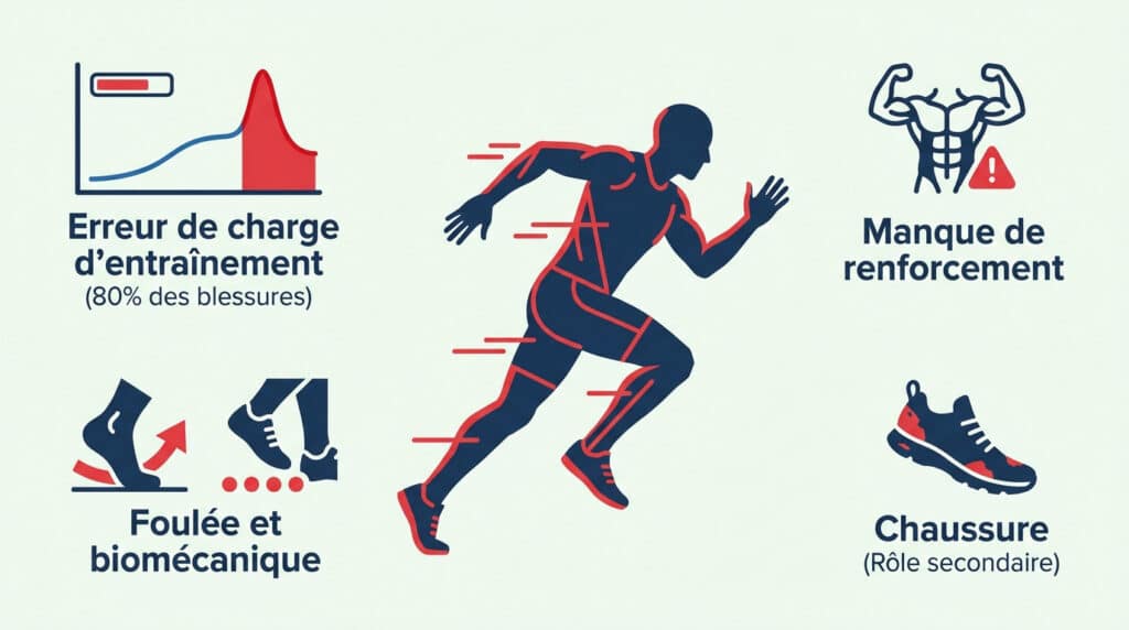 Infographie illustrant les causes des blessures chez les coureurs : charge, renforcement, foulée et chaussures.