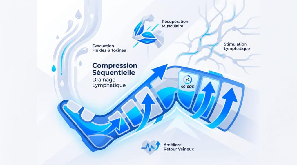 Illustration montrant les bienfaits de la compression séquentielle Jolt sur les jambes pour la récupération sportive.
