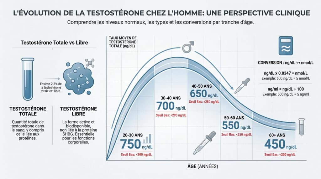 Infographie montrant la baisse du taux de testostérone total avec l'âge et la distinction entre testostérone totale et libre.