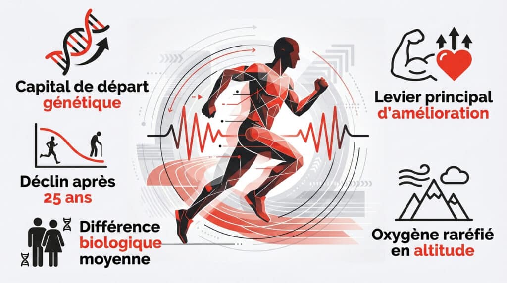 Infographie illustrant les facteurs liés à la VO2 max : génétique, âge, biologie et environnement.