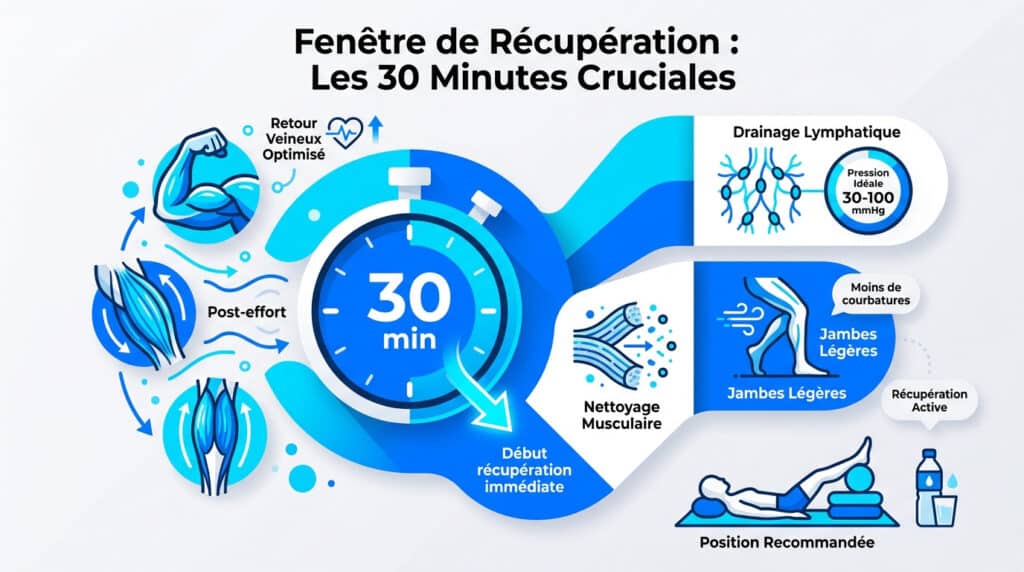 Infographie sur la récupération musculaire montrant l'importance d'utiliser les bottes Jolt dans les 30 minutes après l'effort.