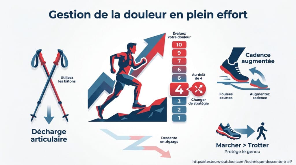 Infographie illustrant des techniques pour gérer la douleur au genou pendant une course en trail.
