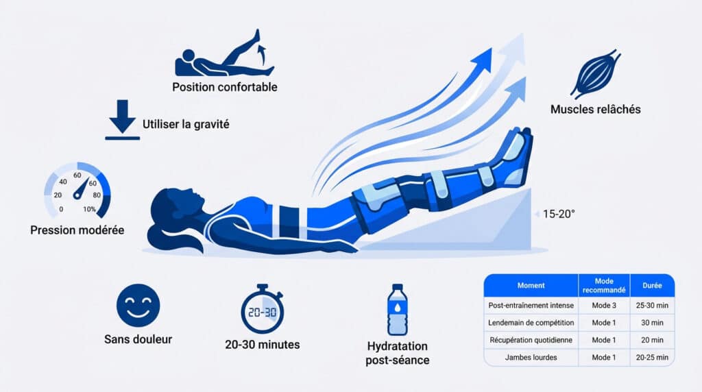 Infographie sur la récupération avec bottes de pressothérapie, illustrant la position, la pression et les réglages.