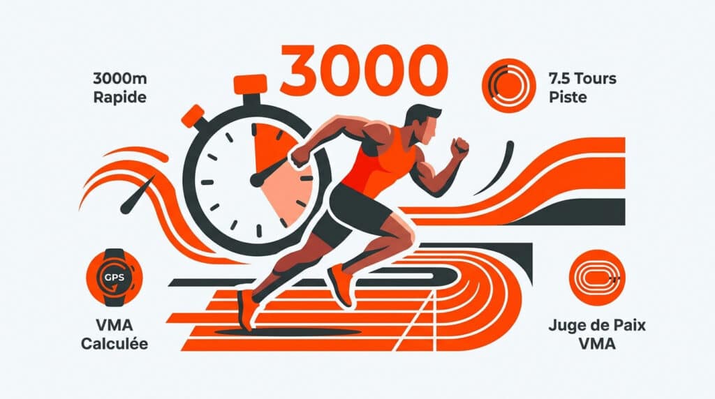 Illustration montrant un coureur, un chronomètre et des icônes représentant le test de VMA 3000m sur piste.