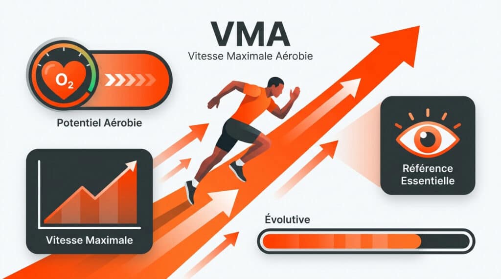 Illustration montrant un coureur avec des graphiques sur la VMA, le potentiel aérobie et l'évolution de la vitesse.