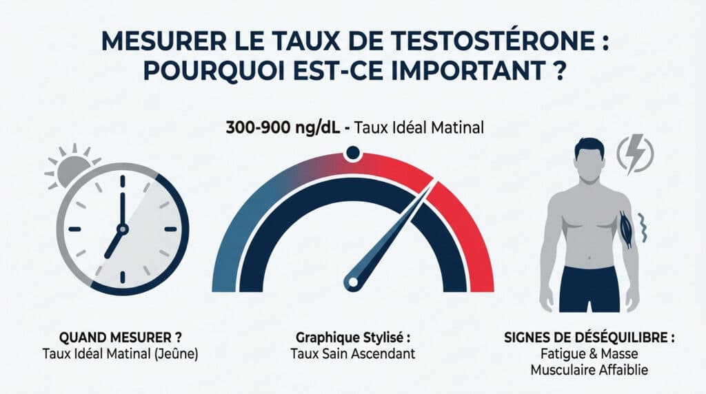 Infographie expliquant l'importance, le moment idéal et les signes d'un déséquilibre du taux de testostérone chez l'homme.