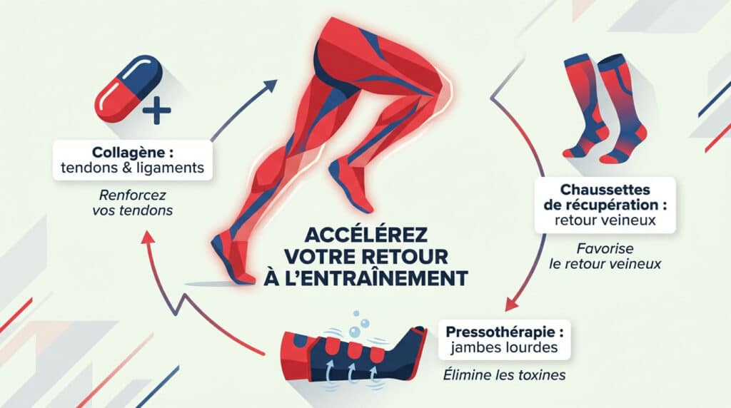 Schéma illustrant trois méthodes de récupération pour coureurs : collagène, chaussettes de compression et pressothérapie.