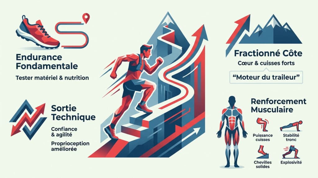 Infographie sur la préparation au trail avec des icônes représentant l'endurance, le renforcement et l'entraînement en côte.