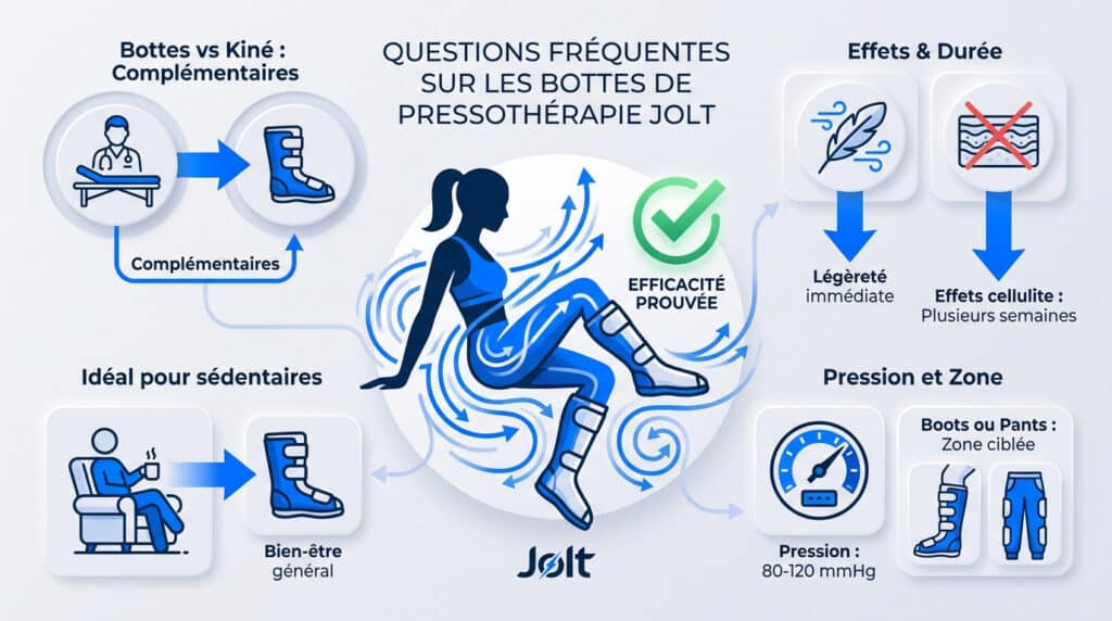 Infographie expliquant les bénéfices et le fonctionnement des bottes de pressothérapie Jolt pour la récupération.