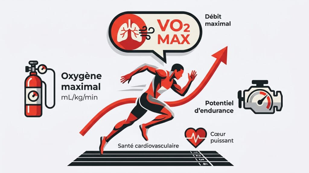 Infographie expliquant le VO2 max : un coureur, des poumons, un cœur et des jauges illustrant la performance physique.