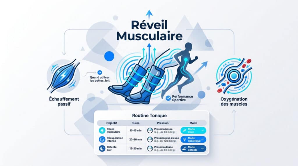 Infographie sur l'usage des bottes de pressothérapie Jolt avec un tableau de routine tonique pour le réveil musculaire.