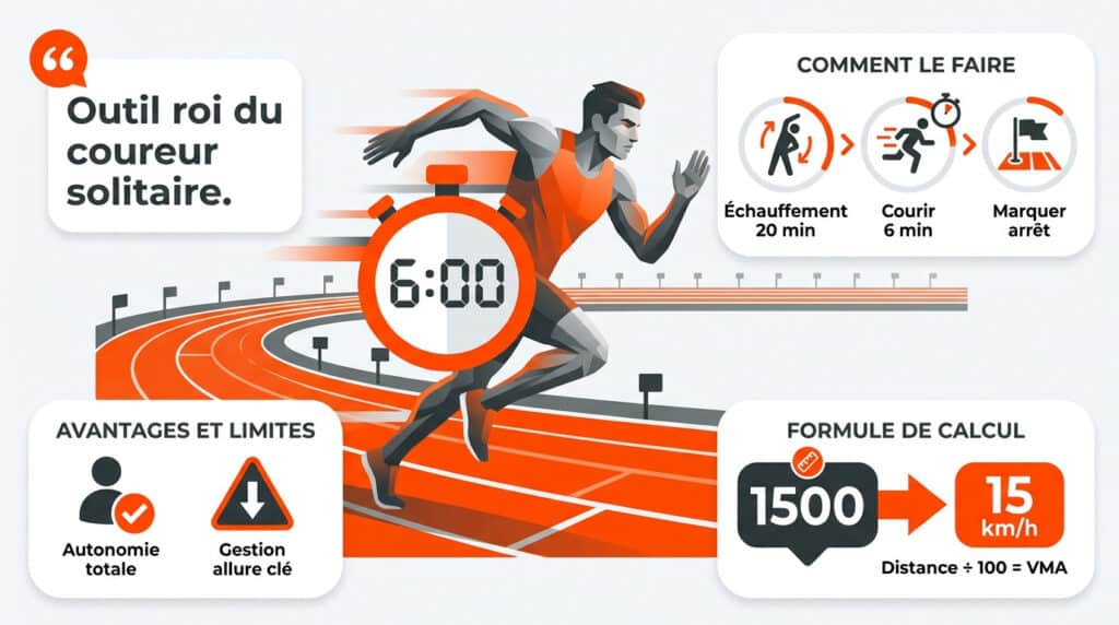 Illustration d'un coureur sur piste avec un chronomètre montrant 6 minutes et les étapes pour calculer sa VMA.