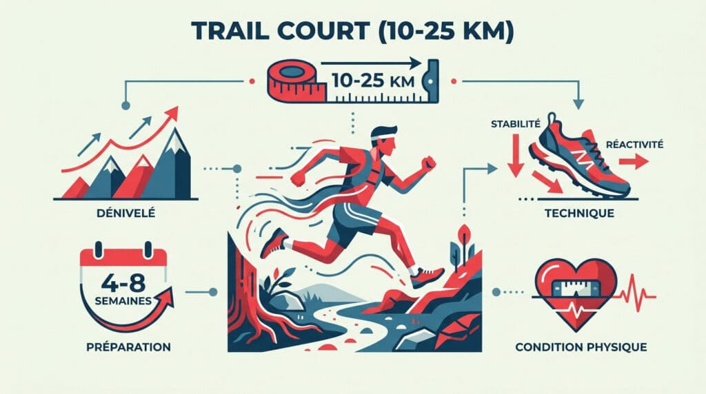 Infographie illustrant les étapes clés pour préparer un trail court de 10 à 25 km : entraînement, dénivelé et technique.
