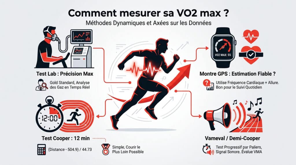 Infographie comparant les méthodes de mesure de la VO2 max : test en laboratoire, montre GPS, test Cooper et Vameval.