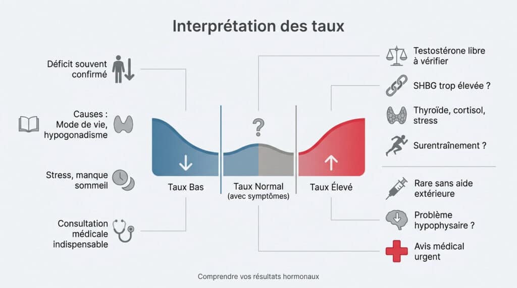 Graphique illustrant l'interprétation des taux de testostérone bas, normaux et élevés avec leurs causes associées.