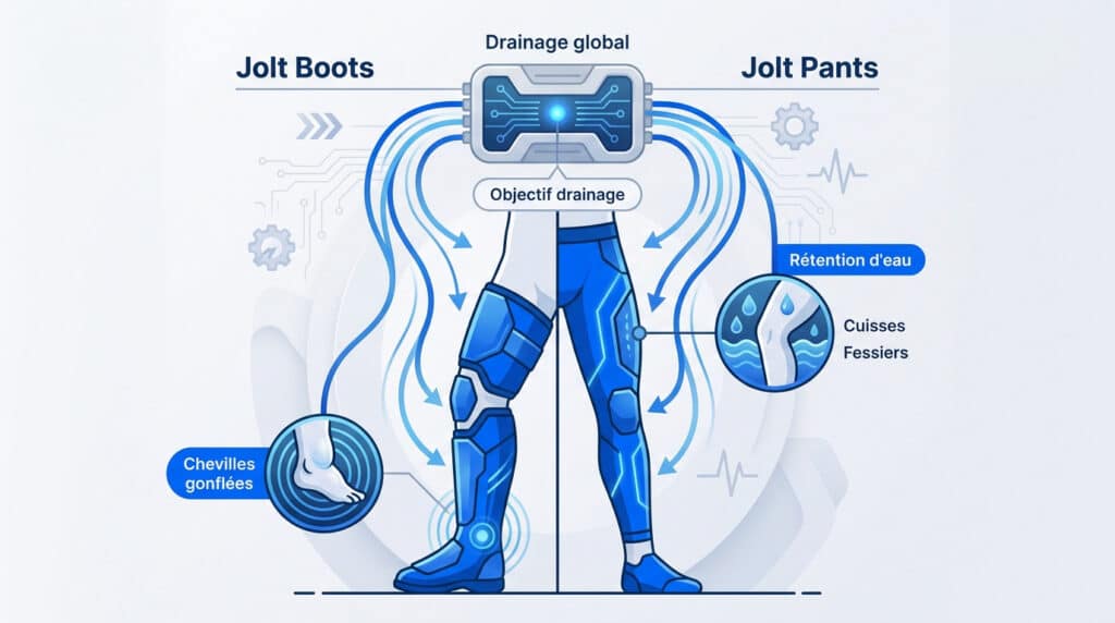 Schéma illustrant le fonctionnement des bottes et du pantalon de pressothérapie Jolt pour le drainage lymphatique.